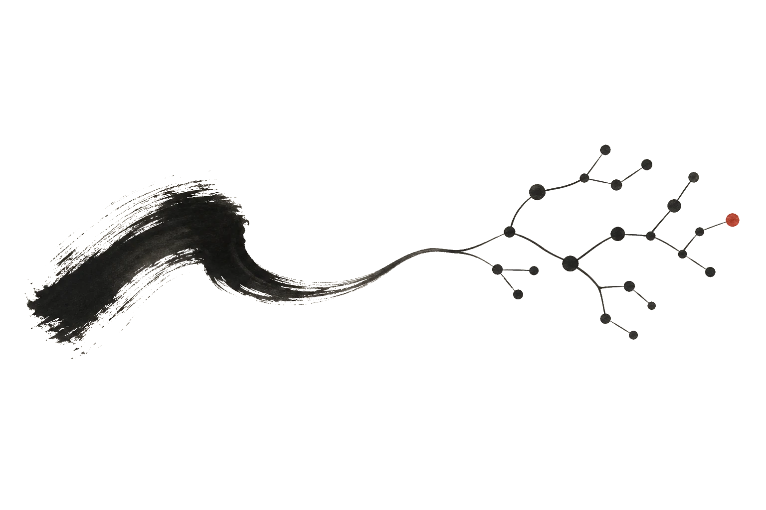 A sumi brush current branching into connected study-method nodes.